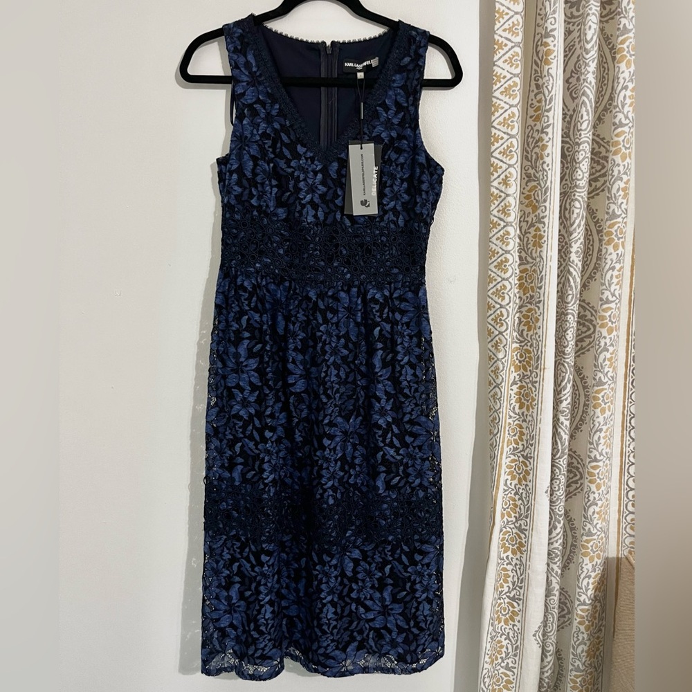 Karl Lagerfeld Paris Navy Floral Lace Midi Dress Size 2 NWT